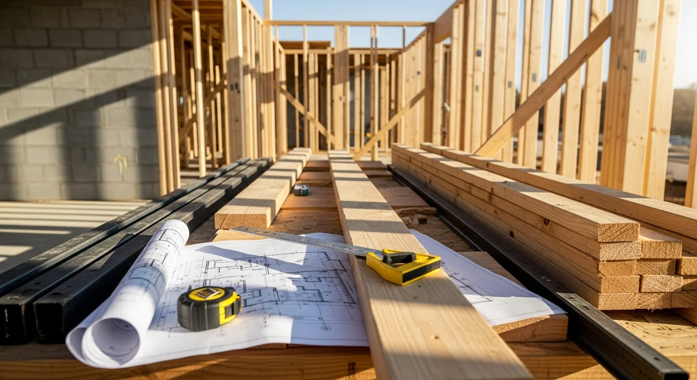 Structural wood framing in progress on a residential addition in Bridgewater, NJ, showing upright wall studs, floor joists, and an open roof structure ready for sheathing. A general contractor reviews framing plans on site with the structure visible in the background.