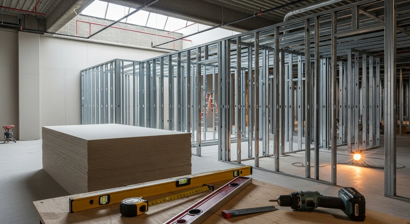 Completed tenant fitup interior in a Bridgewater, NJ commercial office suite showing framed partition walls, finished drywall, and a drop ceiling grid ready for occupancy. A general contractor from Lioni Construction and Maintenance overseeing the final walkthrough of a fitted-out professional office space in Short Hills, NJ.
